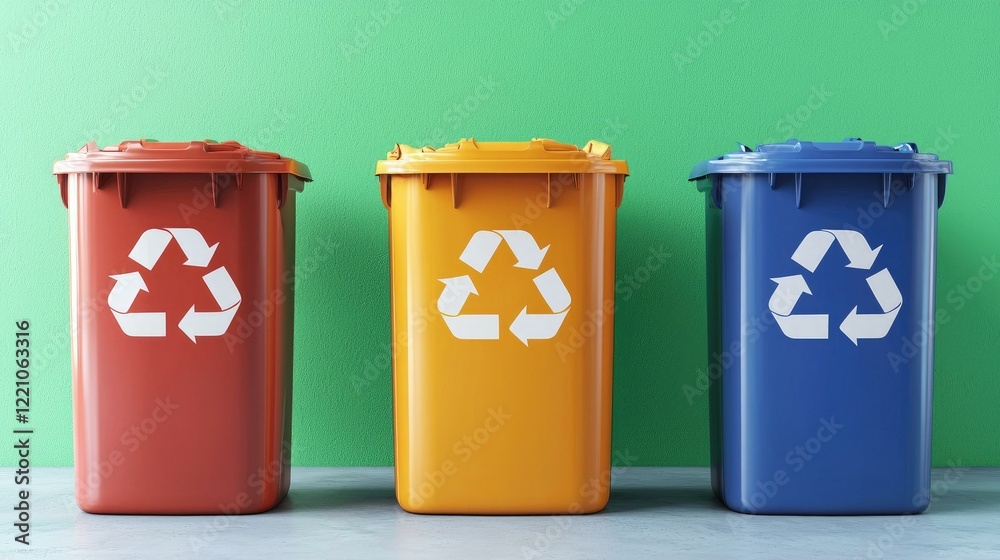 A colorful representation of recycling bins in red, yellow, and blue against a green background, emphasizing the importance of waste segregation and eco-friendly practices for a sustainable future. A colorful representation of recycling bins in red, yellow, and blue against a green background, emphasizing the importance of waste segregation and eco-friendly practices for a sustainable future.