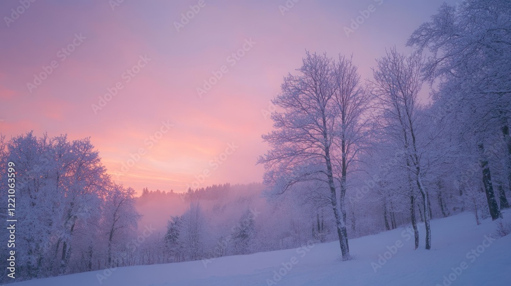 Winter Sunrise Snow Covered Trees Peaceful Landscape Winter Sunrise Snow Covered Trees Peaceful Landscape