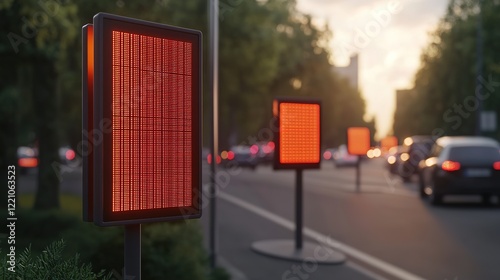 Traffic management signals urban street digital display evening ground level smart city concept photo