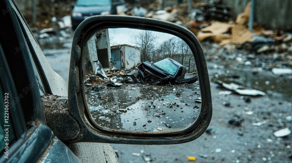 A damaged side mirror reflects the street, with scattered debris from a recent car accident creating a chaotic scene. A damaged side mirror reflects the street, with scattered debris from a recent car accident creating a chaotic scene.