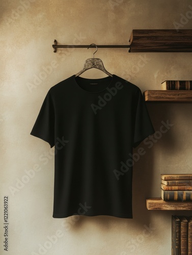 A minimalist black t-shirt hanging neatly on a metal hanger against a textured beige wall.