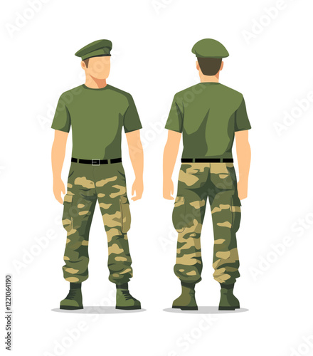 Vector illustration of a soldier in green camouflage uniform, viewed from the front and back. Minimalist flat design with clean lines on a white background.
