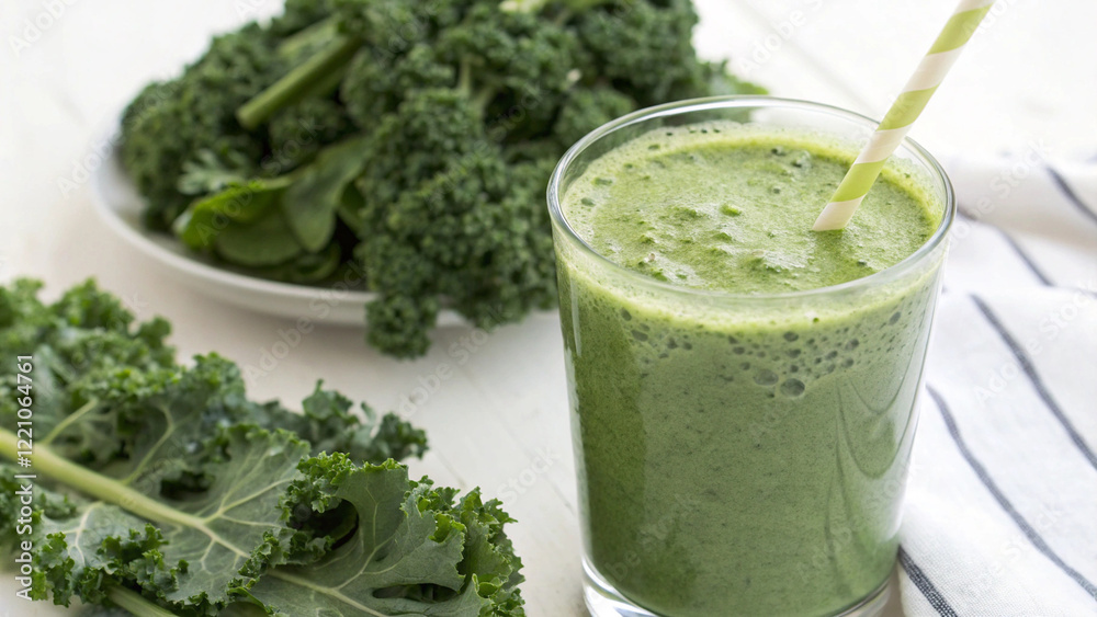 Cale vegetable smoothie in a glass and fresh cale vegetables in a white background Cale vegetable smoothie in a glass and fresh cale vegetables in a white background
