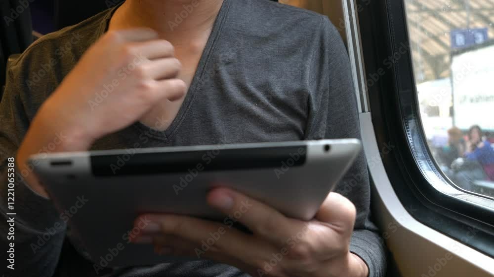 A Man is using a tablet while sitting on a train. She is looking at the screen with a focused expression A Man is using a tablet while sitting on a train. She is looking at the screen with a focused expression