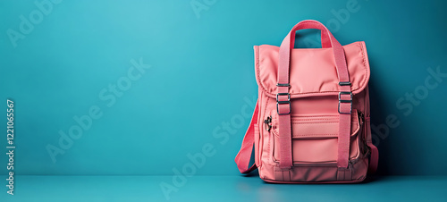 Vibrant neon orange backpack against a sky blue background. created with Generative AI technology photo