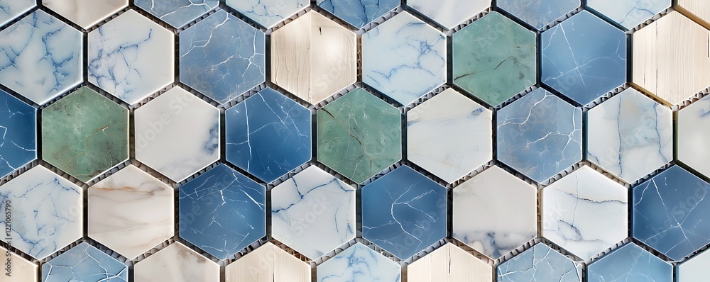 Marble background with blue and green hexagon tiles, wood accents, creating a chic pattern for interior design. Marble background with blue and green hexagon tiles, wood accents, creating a chic pattern for interior design.