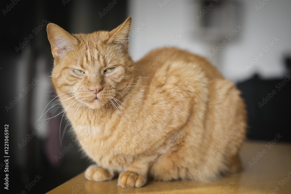 Orange cat sitting on the table and looking cranky away. Orange cat sitting on the table and looking cranky away.