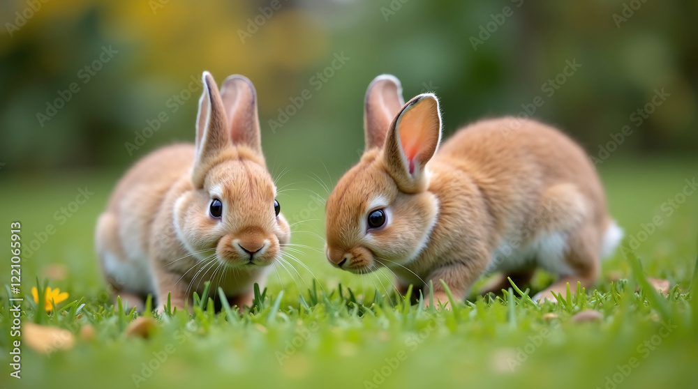 Fototapeta premium Curious Baby Bunnies Exploring a Garden
