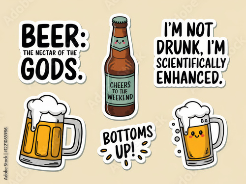 Humorous beer stickers with bottles and mugs illustrations