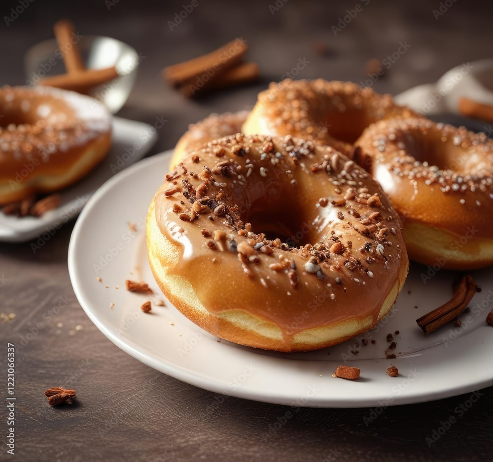 A plate of warm spiced donuts topped with a sprinkle of cinnamon, donuts, cinnamon sugar A plate of warm spiced donuts topped with a sprinkle of cinnamon, donuts, cinnamon sugar