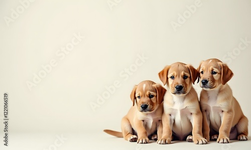 Identical Brown Puppies Looking Sweetly at Camera Against Beige Background photo