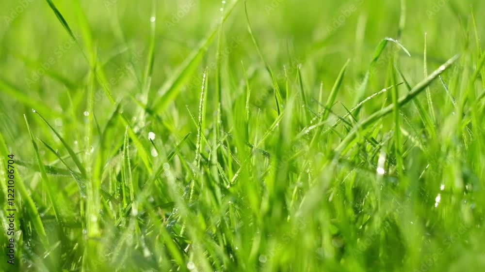 Juicy bright green grass in sunlight. Close up. Lawn background. Texture of new grass growing in field. Meadow on warm sunset or sunrise time. Tranquil nature scene. Golden hour. Greenery, dew drops Juicy bright green grass in sunlight. Close up. Lawn background. Texture of new grass growing in field. Meadow on warm sunset or sunrise time. Tranquil nature scene. Golden hour. Greenery, dew drops