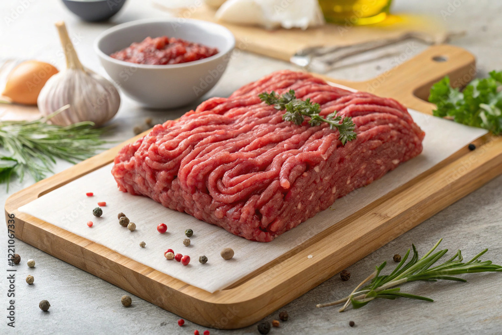 Minced meat on a cutting board, raw beef ready for a gourmet meal Minced meat on a cutting board, raw beef ready for a gourmet meal