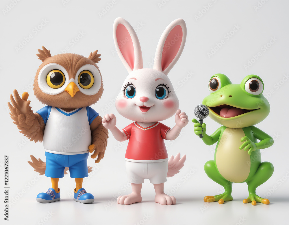 Obraz premium Animated owl, rabbit, and frog characters in sports attire with microphone