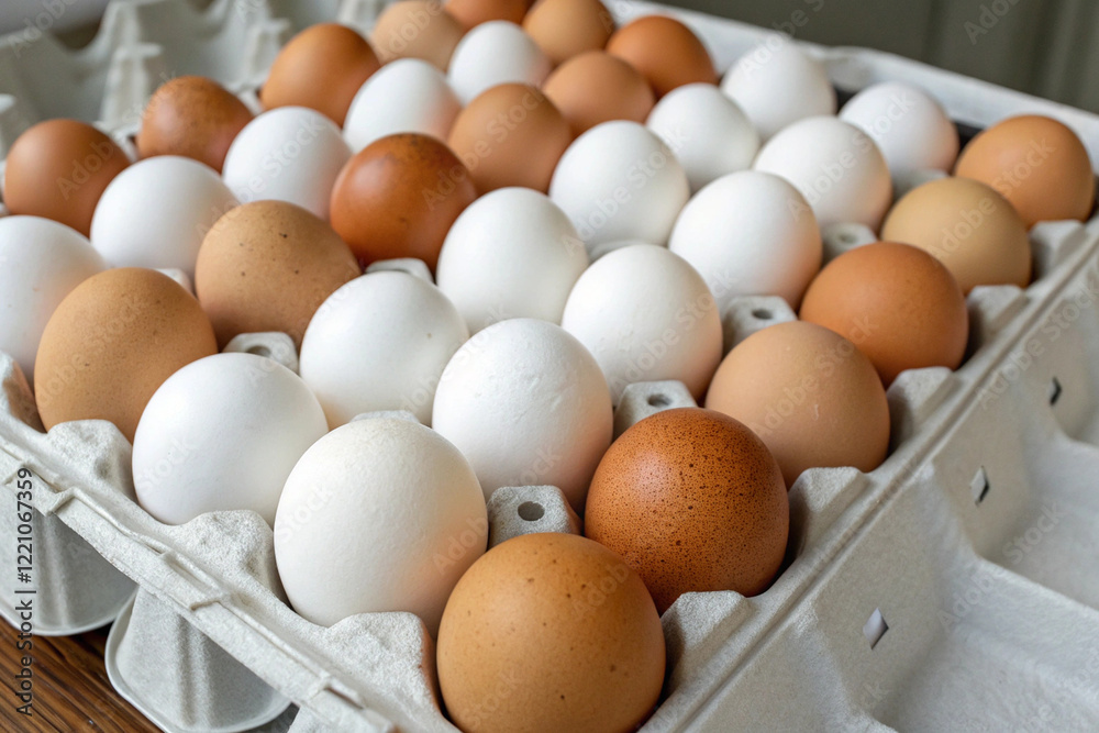 A row of fresh, brown organic eggs nestled in a white carton, ready for a healthy breakfast A row of fresh, brown organic eggs nestled in a white carton, ready for a healthy breakfast