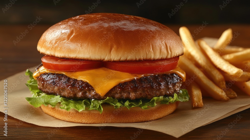 A fresh cheeseburger with crisp lettuce, juicy tomatoes, and fries on the side, all served on paper for a classic meal.