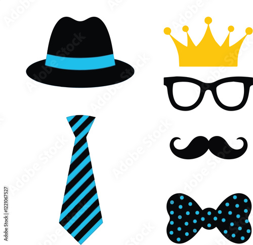 Strong man mustache hat golden crown eyeglasses tie bow tie flat style icon signs set