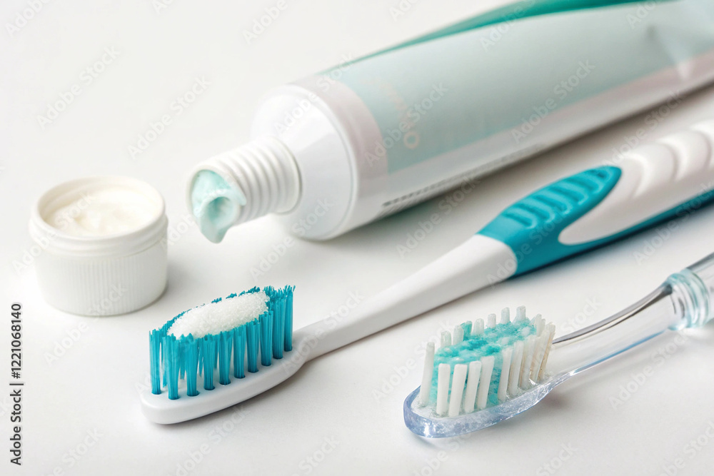 White plastic toothbrush with blue toothpaste ready for brushing teeth for dental hygiene White plastic toothbrush with blue toothpaste ready for brushing teeth for dental hygiene