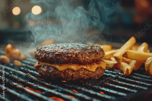 Hamburger on a grill surrounded by crispy french fries ready to serve in a casual dining setting photo