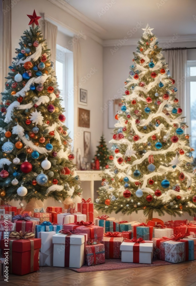 A spacious room filled with an assortment of colorful Christmas gifts and decorations surrounding a majestic white Christmas tree, warm glow, holiday, mantel A spacious room filled with an assortment of colorful Christmas gifts and decorations surrounding a majestic white Christmas tree, warm glow, holiday, mantel