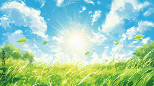 Bright summer landscape with sun, clouds, and green grass