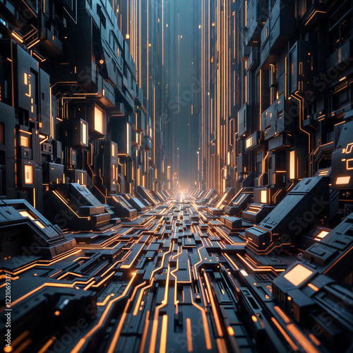 A tech-inspired cityscape with illuminated pathways and glowing circuits, offering a futuristic and cyberpunk aesthetic.