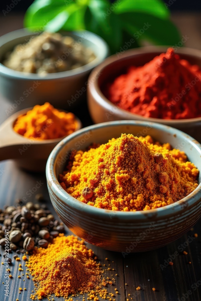 Assortment of dried herbs and spices in bowls, ingredients, ginger, cumin