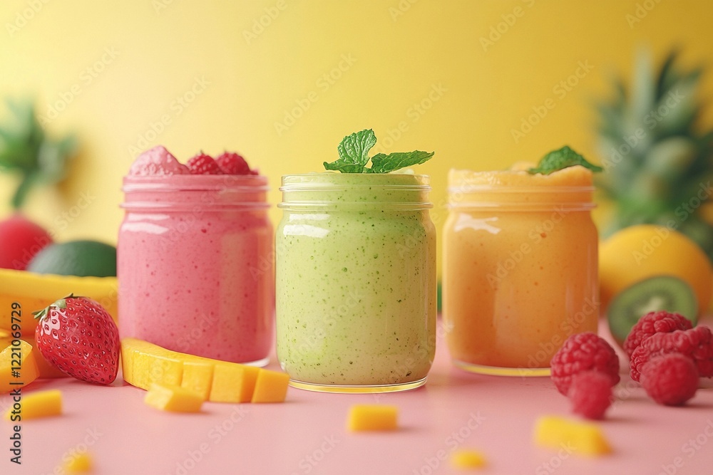 Three vibrant smoothies in jars sit among fresh fruits, creating a colorful and refreshing display against a bright backdrop. Generative AI