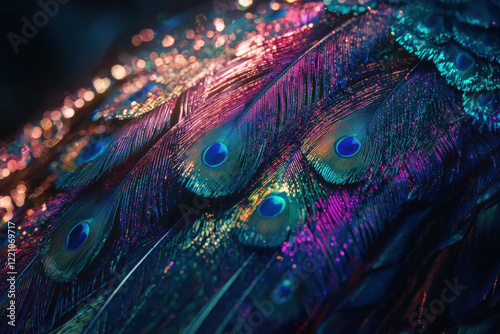 Macro view of iridescent peacock feathers with vibrant colors and detailed texture.