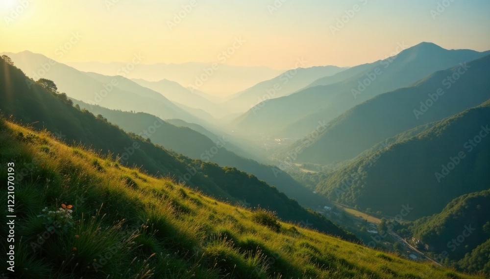 Fototapeta premium Gentle morning light creeps over valley hills, shadow, soft, mist