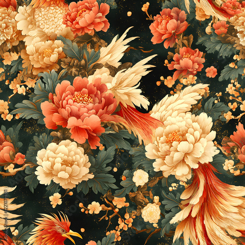 a phoenix and peony motif seamless, tileable
