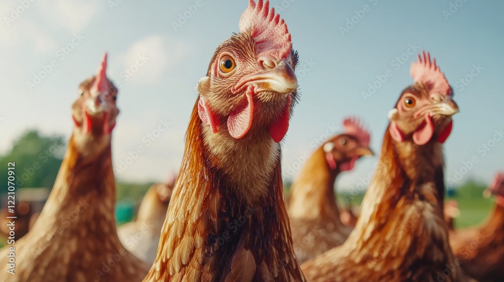 Naklejka premium A close-up of chickens in a sunny field, showcasing their vibrant feathers and curious expressions in a lively farm setting.