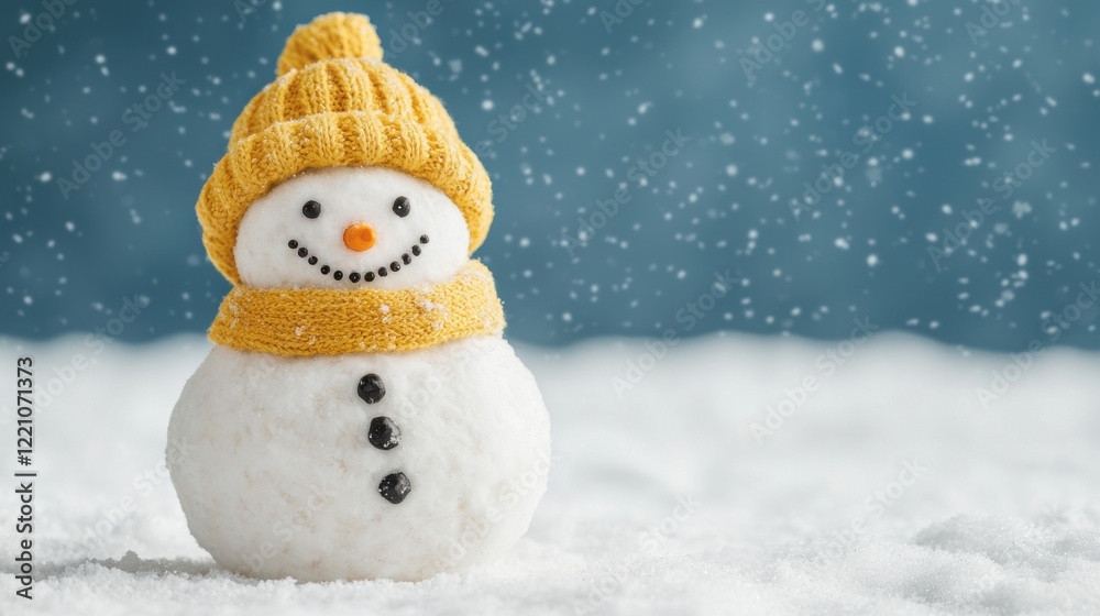 Fototapeta premium A cheerful snowman wearing a yellow knitted hat and scarf stands in a snowy landscape, with snowflakes gently falling around it.