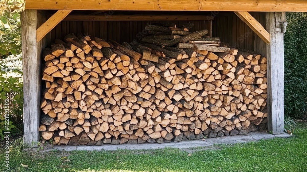 Wooden shelter neatly stacks firewood logs Wooden shelter neatly stacks firewood logs