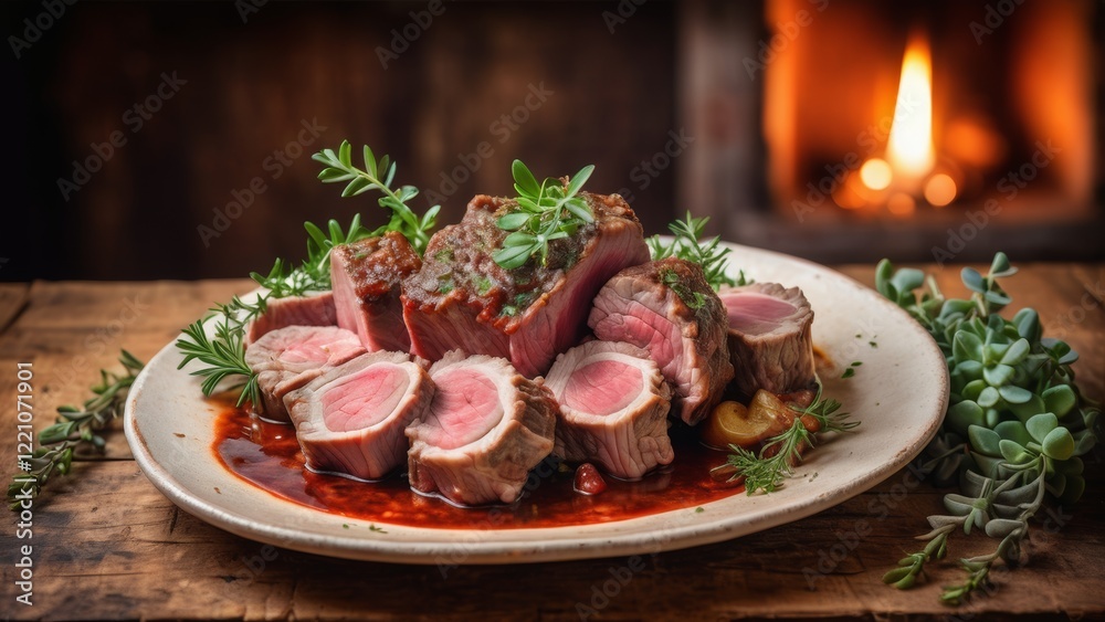 Tender meat in tomato sauce with herbs on a plate. Delicious dinner Tender meat in tomato sauce with herbs on a plate. Delicious dinner