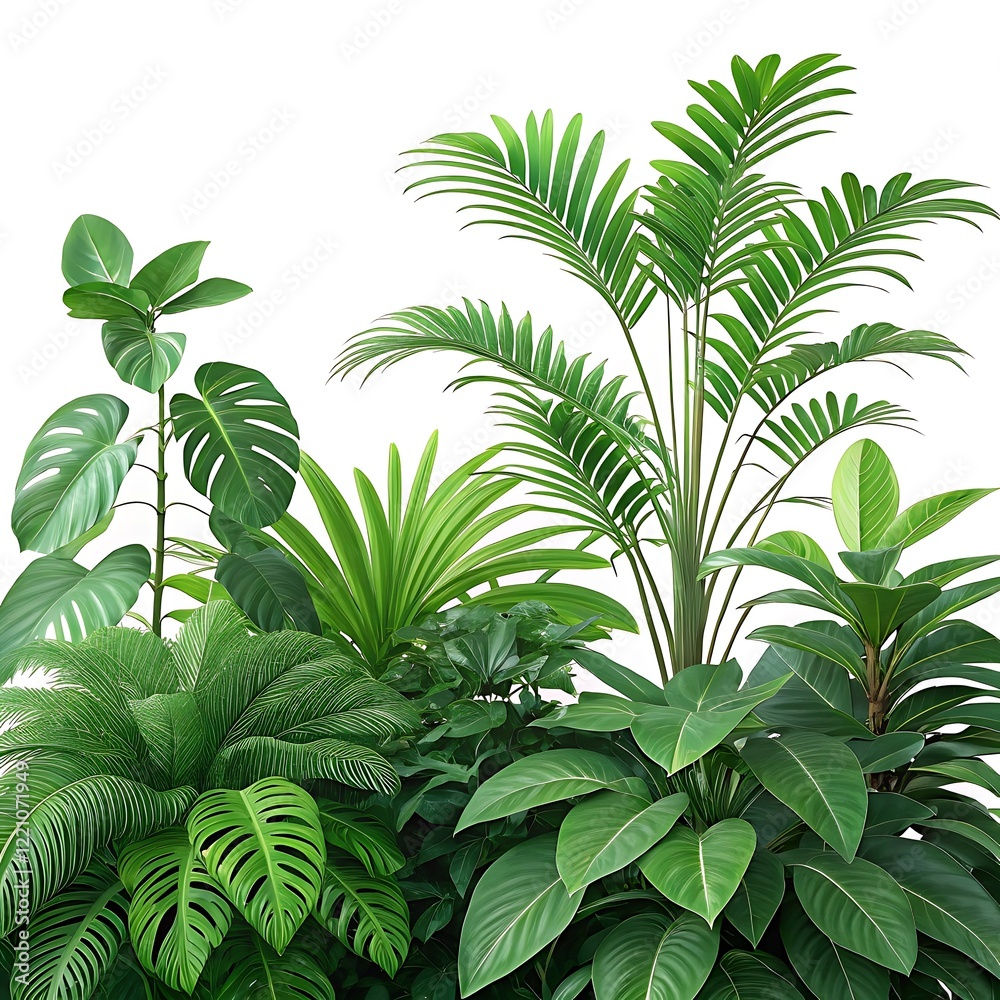 Obraz premium Lush green tropical plants bush (monstera, palm, rubber plant, pine and fern), cut out out isolated on white background.