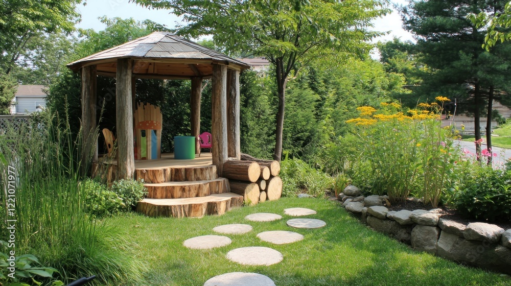 Wooden Gazebo Play Area In A Lush Green Garden Wooden Gazebo Play Area In A Lush Green Garden