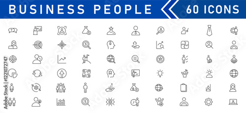 Business people line icons set. Teamwork, human resources, meeting, partnership, workgroup, success, leadership. Editable outline icon.