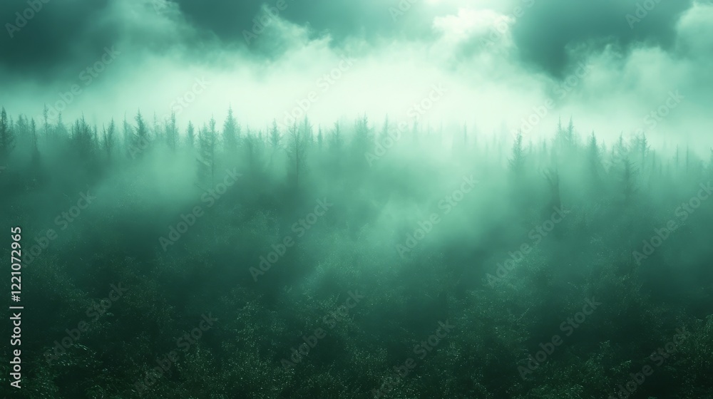 Obraz premium Enigmatic Foggy Forest, Mystical Green Landscape
