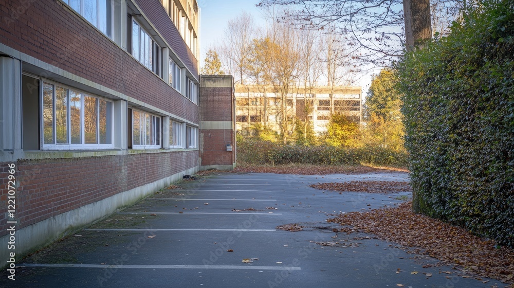 Abandoned Brick Building Empty Parking Lot Autumn Leaves Abandoned Brick Building Empty Parking Lot Autumn Leaves