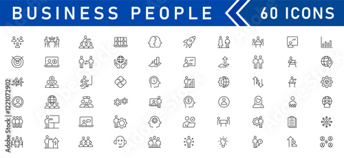 Business people line icons set. Teamwork, human resources, meeting, partnership, workgroup, success, leadership. Editable outline icon.
