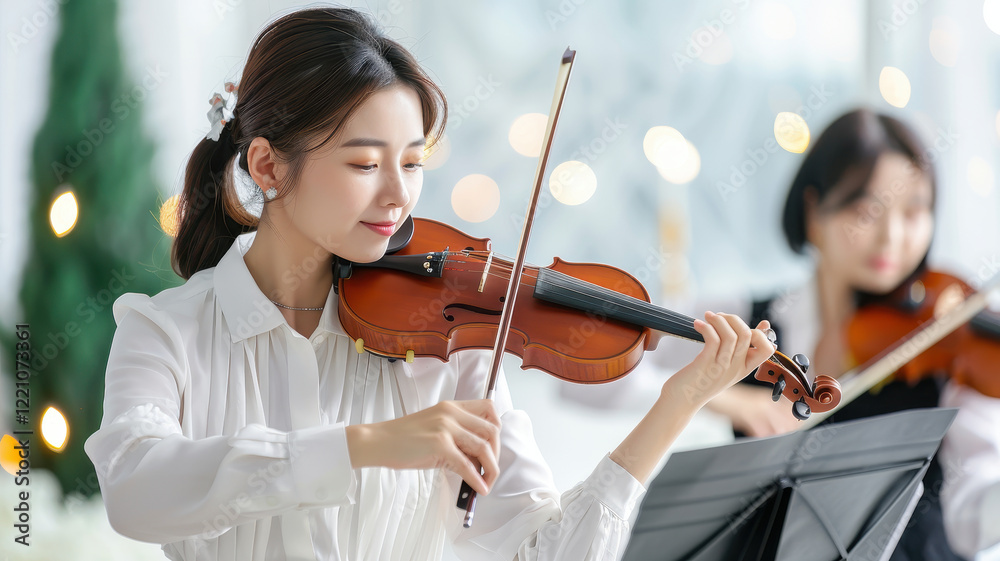 young woman playing violin in festive setting, showcasing her musical talent and concentration. background features soft lighting and another musician young woman playing violin in festive setting, showcasing her musical talent and concentration. background features soft lighting and another musician