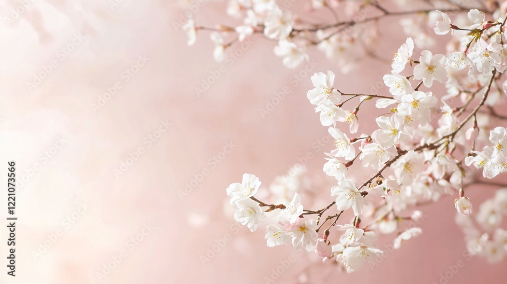 Naklejka premium Delicate Sakura Blossoms on Pale Pink Background Nature Scene Floral Photography Soft Aesthetic Vibe