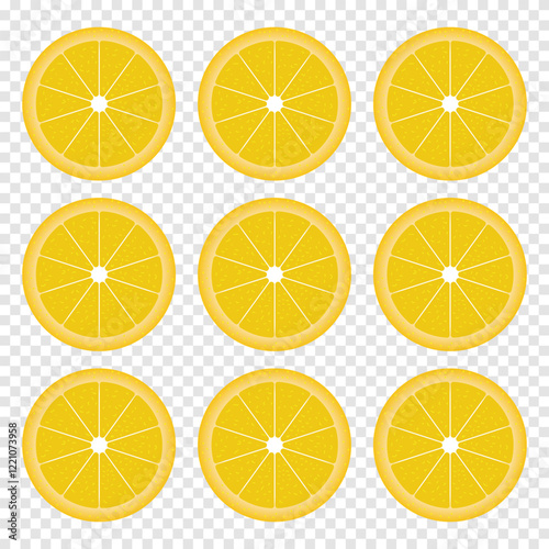 Lemon icon set. Lemon vector, icon isolated on transparent background. Citrus fruit symbol logo website design. Bright yellow peel sliced lemon cartoon. Vector illustration. EPS 10 