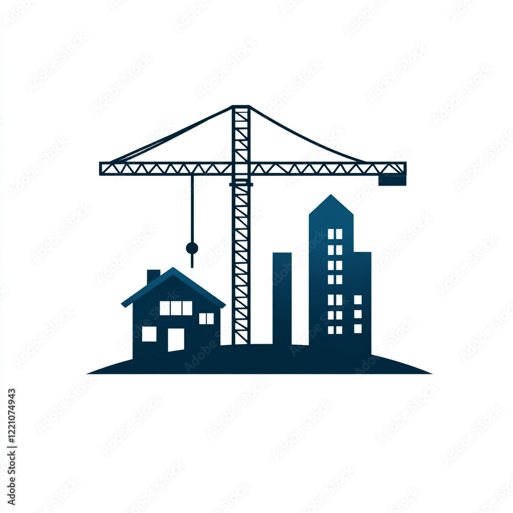 Naklejka premium A construction tower crane lifting a construction materials above houses symbolizing construction or renovation. 