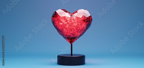 A vibrant, faceted red heart sculpture against a blue background, symbolizing love and passion in contemporary art. photo