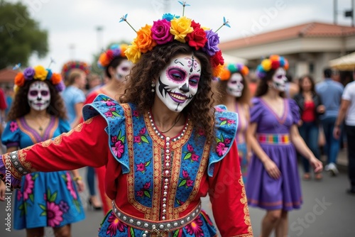 A vibrant Day of the Dead parade features people in colorful costumes and painted faces, celebrating life and death. The streets are filled with music, dancing, and joyful decorations photo