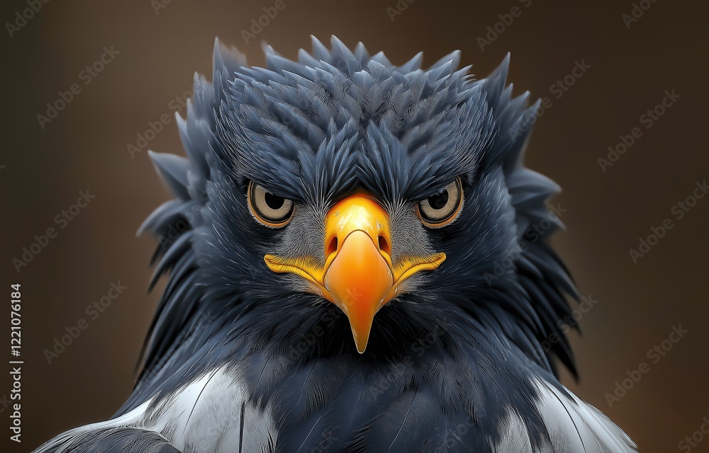 Fototapeta premium black eagle with an orange beak, the feathers on its body shine in light and dark gray tones 