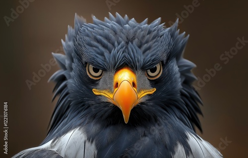 black eagle with an orange beak, the feathers on its body shine in light and dark gray tones
 photo