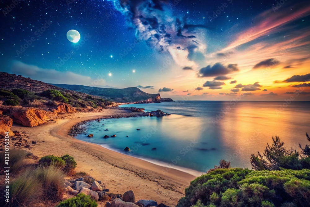 Fototapeta premium Vintage Cyprus Seascape: Starry Night at Lara Beach, Akamas Peninsula
